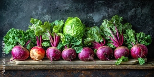 Fototapeta Vibrant beets and a cabbage rest on a rustic wooden board against a dark backdrop