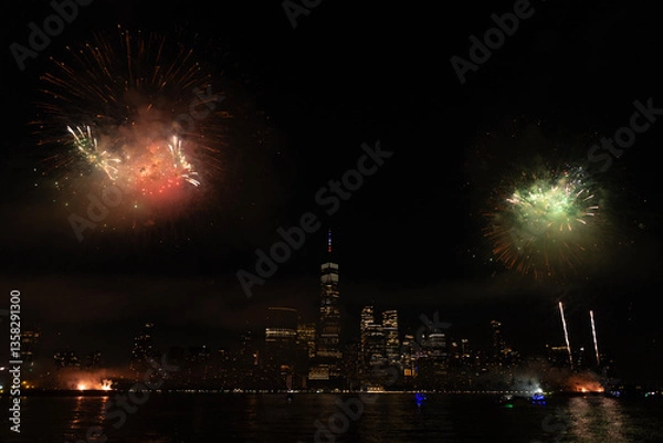 Obraz New York Manhattan fireworks. New York Fireworks over Manhattan. New York City 4th of July Fireworks. New York City Skyline Manhattan with Flashing Fireworks. Independence day.
