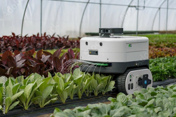 Fototapeta A cutting-edge robot navigates through rows of vibrant lettuce and other greens, precisely watering and tending to each plant in a high-tech greenhouse. Bright sunlight filters through the structure.