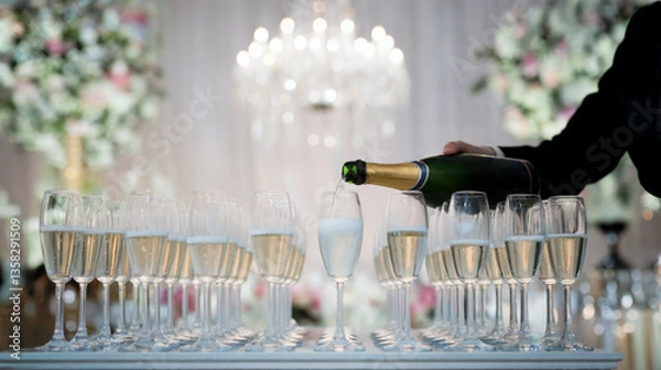 Obraz A bartender skillfully fills tall fluted glasses with bubbly champagne during a lavish wedding celebration. The ambiance is enhanced by shimmering chandeliers and floral decorations.
