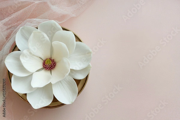Fototapeta A pristine white magnolia flower rests on a round golden base against a subtle pink backdrop, evoking a sense of calm and elegance. Soft textures blend beautifully to enhance the floral detail.