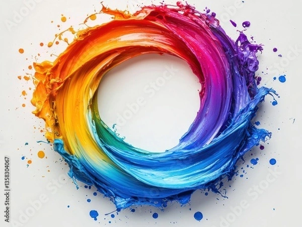 Fototapeta Vibrant rainbow paint swirls forming a circular frame on white background