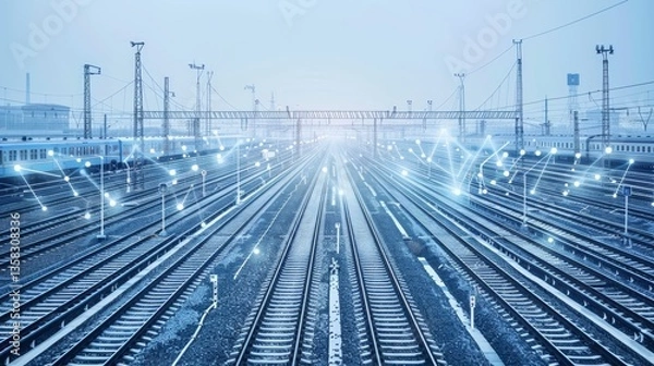 Fototapeta Train tracks with digital network overlay, futuristic visualization of data and transportation