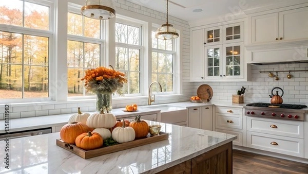 Fototapeta Bright kitchen with pumpkins and flowers on island and view of autumn trees through large windows