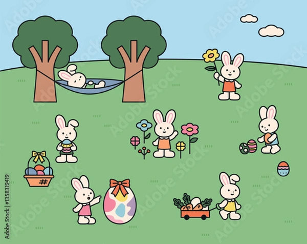 Obraz Cute bunnies enjoying Easter picnic with eggs, flowers, and springtime fun in the park. Adorable vector illustration with rabbits and nature.