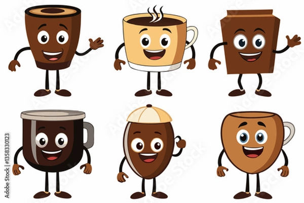 Fototapeta Cartoon Coffee Cups and Coffee Beans with Cute Faces and Arms Vector icon