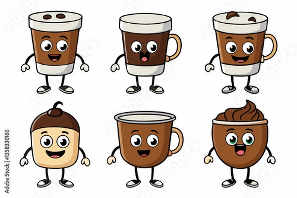 Fototapeta Cartoon Coffee Cups and Coffee Beans with Cute Faces and Arms Vector icon