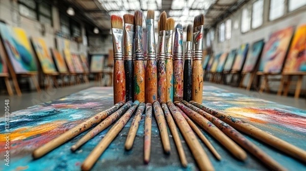 Fototapeta An art room with paintbrushes, easels, and student artwork