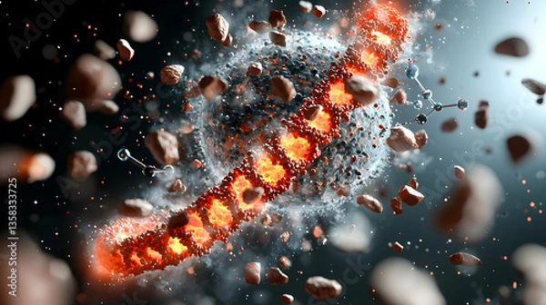 Fototapeta Abstract image of a fiery chain exploding. Suggests energy transfer cellular processes or molecular interactions. Great for scientific presentations or educational purposes.
