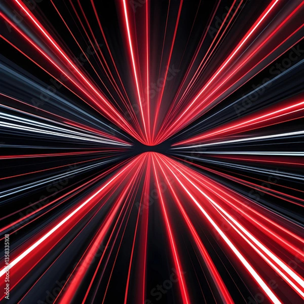 Fototapeta A striking abstract background featuring dynamic red light rays converging toward a dark center. The high-speed motion effect creates a tunnel-like perspective, giving a sense of depth and energy.