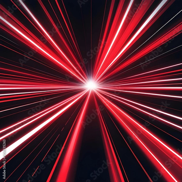 Fototapeta A striking abstract background featuring dynamic red light rays converging toward a dark center. The high-speed motion effect creates a tunnel-like perspective, giving a sense of depth and energy.