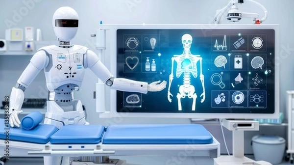 Fototapeta A healthcare robot presents anatomical data to an operating room