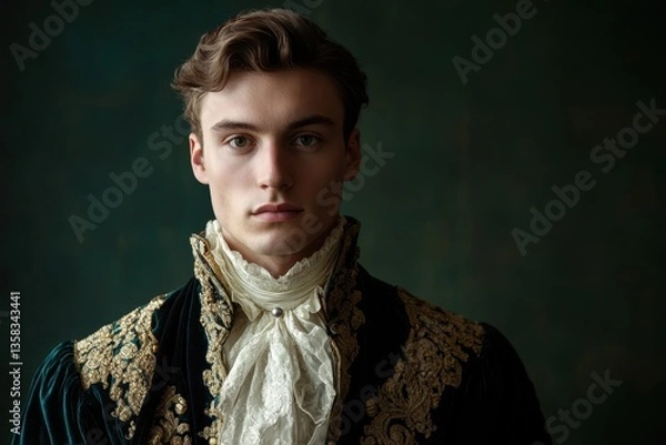 Obraz Portrait of a noble young man in elegant attire against a dark green vintage backdrop reflecting historical eras and Renaissance art