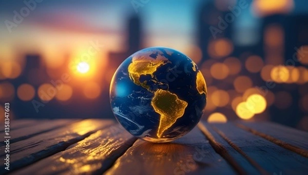 Fototapeta The background features a blurred city skyline with bokeh lights, suggesting an urban setting at sunset or twilight.