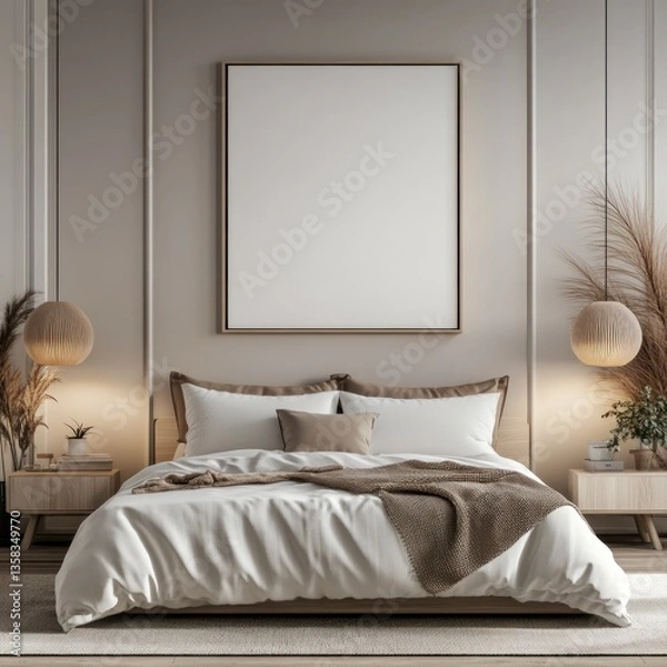 Fototapeta Elegant bedroom interior with mockup canvas.