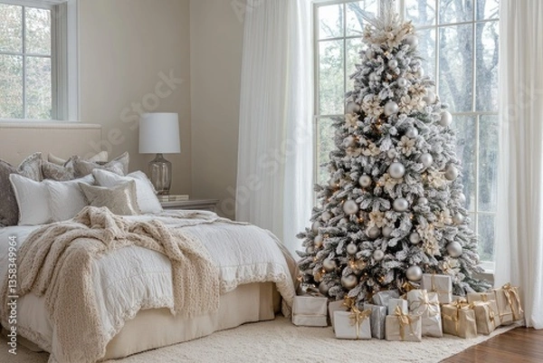 Fototapeta Festive Christmas tree in a cozy bedroom with gifts