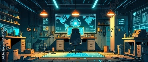 Obraz cartoon Cyberpunk workshop with glowing tools and holographic blueprints anime illustration art design