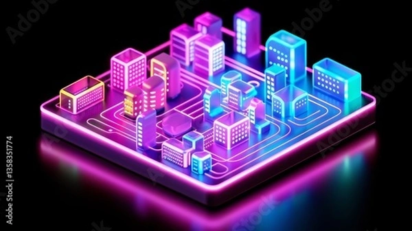 Fototapeta Abstract digital city illustration with colorful neon lights, symbolizing tech