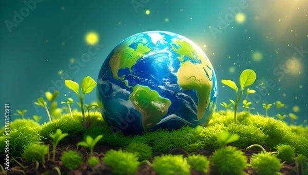 Fototapeta A photorealistic digital illustration of Earth resting on lush green moss, surrounded by small vibrant plant sprouts symbolizing new life.
