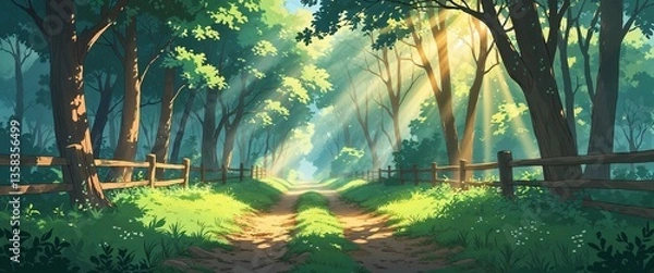 Obraz cartoon Peaceful forest path with soft morning sunbeams filtering through trees anime illustration art design