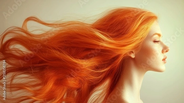 Fototapeta Fiery redhead's flowing locks.  A captivating portrait of a woman with vibrant, windswept, ginger-colored hair.  Soft lighting highlights her delicate features