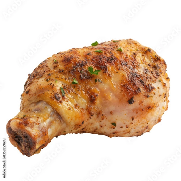 Obraz Grilled chicken drumstick garnished with herbs on white background