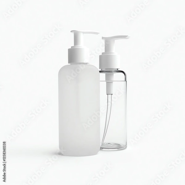 Obraz Minimalist lotion dispensers in a clean, modern style on a simple white background.