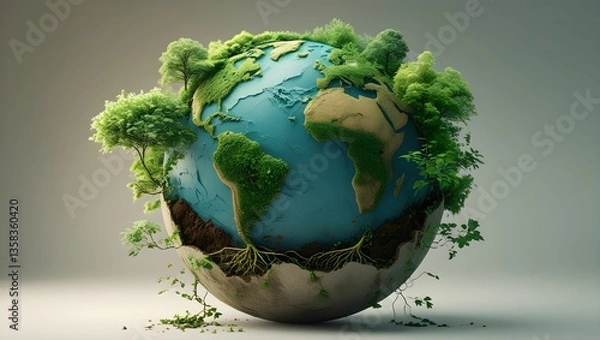 Fototapeta A highly detailed 3D-rendered digital illustration of Earth, beautifully transformed into a living ecosystem. The continents are covered with lush green forests, moss, and vibrant foliage.