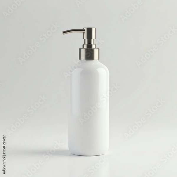 Obraz Minimalist white pump bottle against plain background, showcasing sleek design.