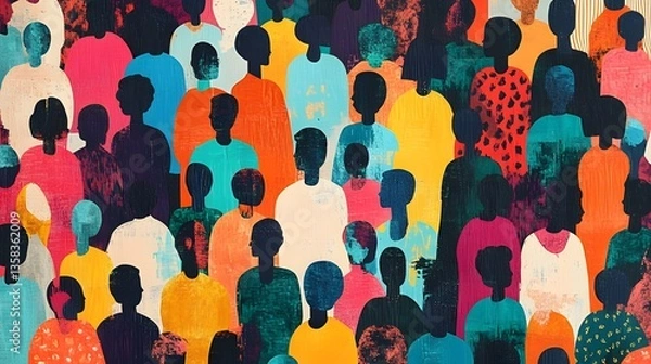 Fototapeta Vibrant diverse people crowd abstract art seamless pattern set. Multi-ethnic community, large cultural diversity group background illustration in modern collage style.