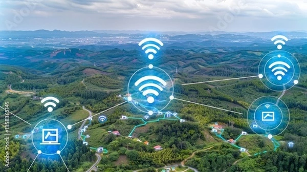 Fototapeta Aerial view of a network linking houses. WiFi signals connect villages, fostering global digital access