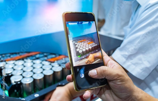 Fototapeta man use mobile phone taking photos of metal parts with shiny steel cylindrical surface closeup. disassembled lithium ion form factor cell battery pack.