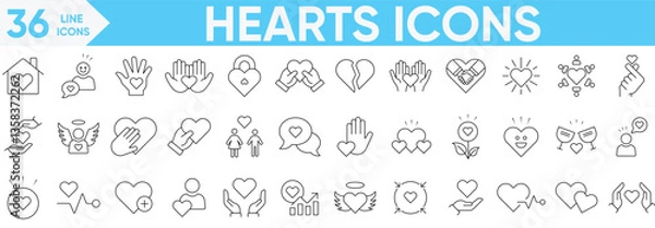 Fototapeta Hearts icon set.heartbeat, caring, passion, hands, donations, hearts, unity, Love icon, Interaction, healthcare, emotional, like, charity and more.Vector and illustrator set.
