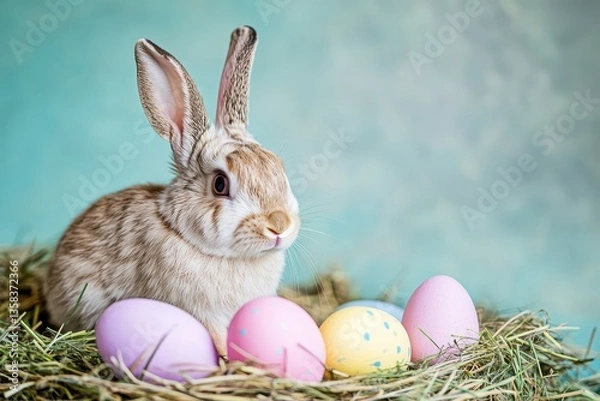 Fototapeta Cute rabbit surrounded by colorful easter eggs