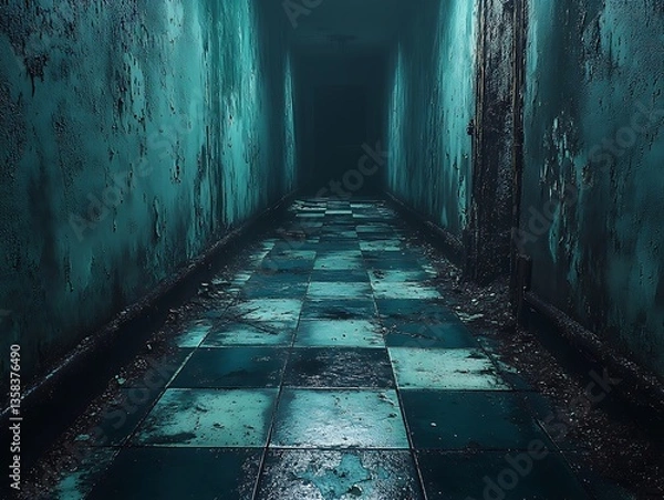 Obraz A dark and desolate hallway with weathered walls and checkered floor