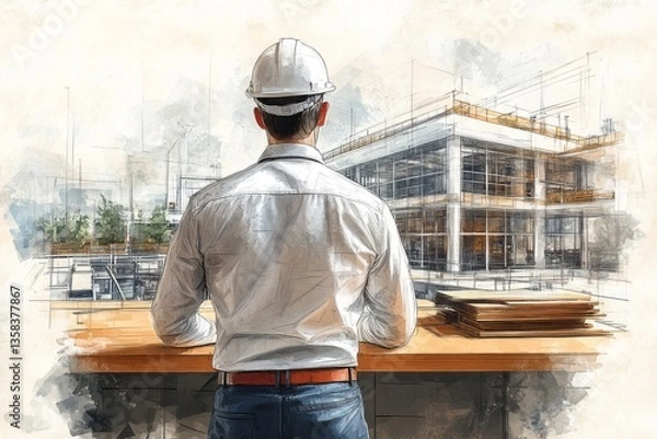 Fototapeta Architect in hard hat overlooks construction site building sketch