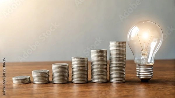 Fototapeta Stacks of coins arranged in ascending order with a lightbulb on a wooden surface background