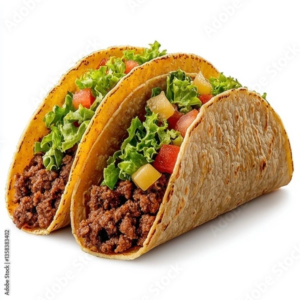 Fototapeta Two Beef Tacos With Fresh Toppings On White Background