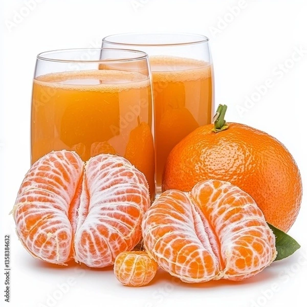 Obraz Two Glasses of Fresh Orange Juice with Peeled Mandarin Oranges