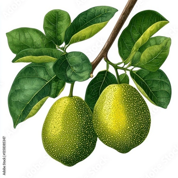 Fototapeta Two Green Citrus Fruits on Branch with Leaves Detailed Botanical Illustration