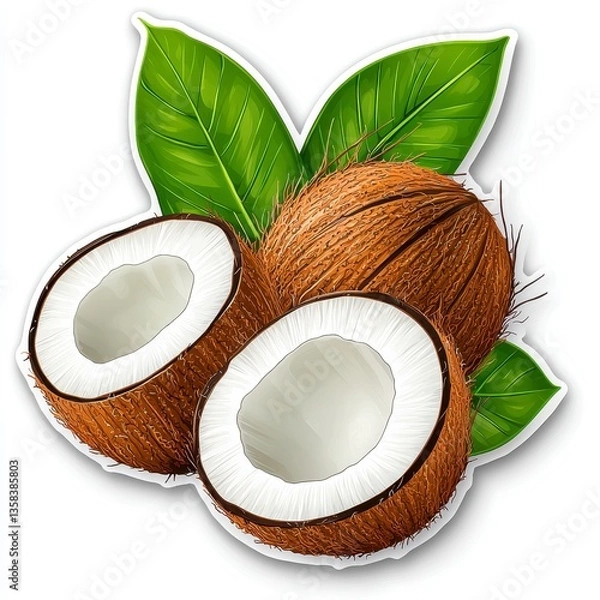 Obraz Two Halved Coconuts with Green Leaves