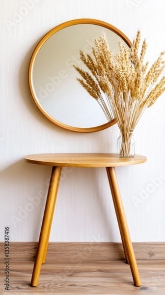 Fototapeta Minimalist hallway featu round wooden table, circular mirror, and dried wheat vase creating a serene, modern atmosphere