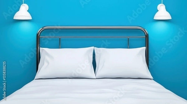 Fototapeta Serene Bedroom Atmosphere with Metal Bed and Crisp White Linens against a Vibrant Blue Wall Illuminated by Soft Lamps