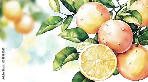 Fototapeta Sunlit Orchard with Vibrant Oranges and Halved Citrus Fruits Glistening with Fresh Ascorbic Acid Droplets in Nature's Beauty