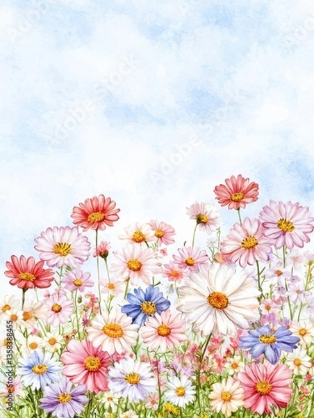 Fototapeta Lush Field of Vibrant Daisies Underneath a Cerulean Sky Showcasing a Colorful Display of Nature's Beauty and Serenity