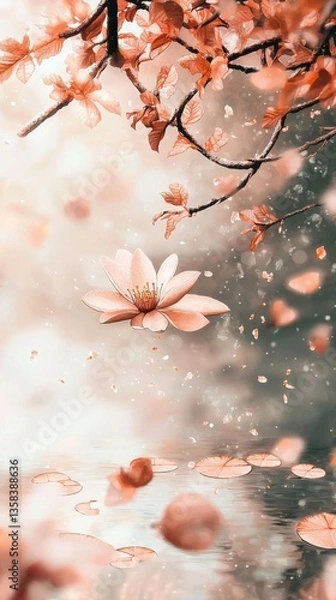 Fototapeta Tranquil Lake Beneath Twilight Sky Reflecting Peach Blossoms with Single Flower Floating Serene in Nature's Beauty Scene