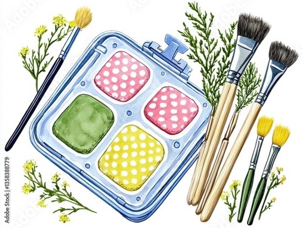 Fototapeta Eco-Friendly Travel Inspiration with a Transparent Four-Compartment Paint Palette of Pastel Colors and Polka Dots Delightfully Presented