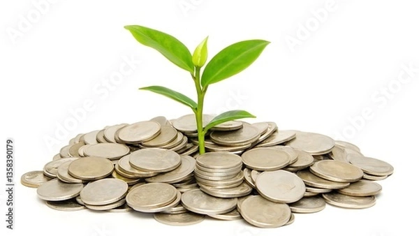 Obraz A plant growing out of a pile of coins against a white background representing financial growth