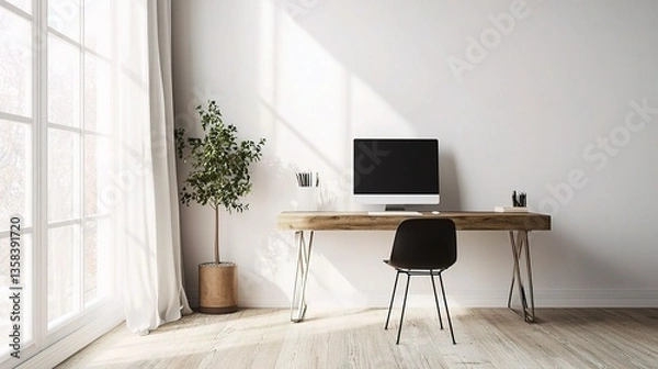 Fototapeta Minimalist Office Workspace with Sleek Desk and Modern Decor