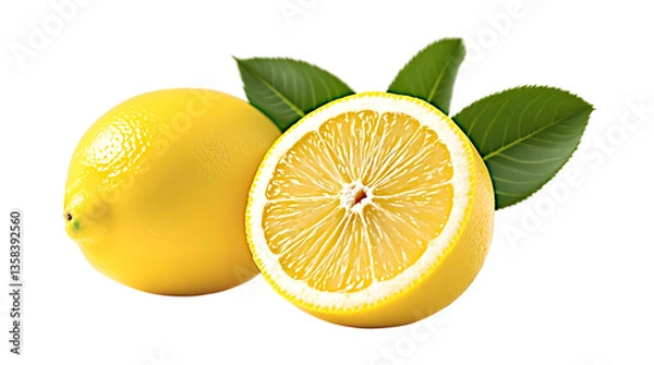 Obraz Fresh Lemons with Leaves Isolated on White Background